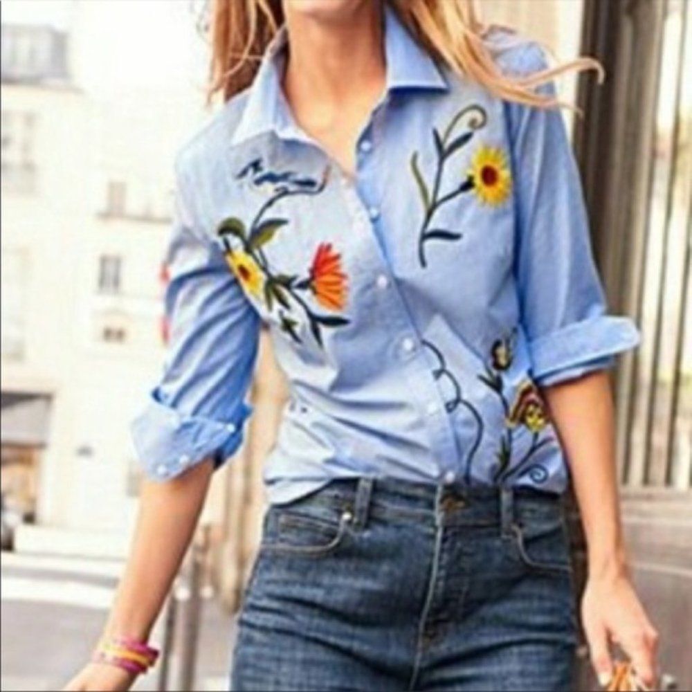 Talbots Striped Blue Button Down Shirt with Flowers & Bird Embroidery Medium